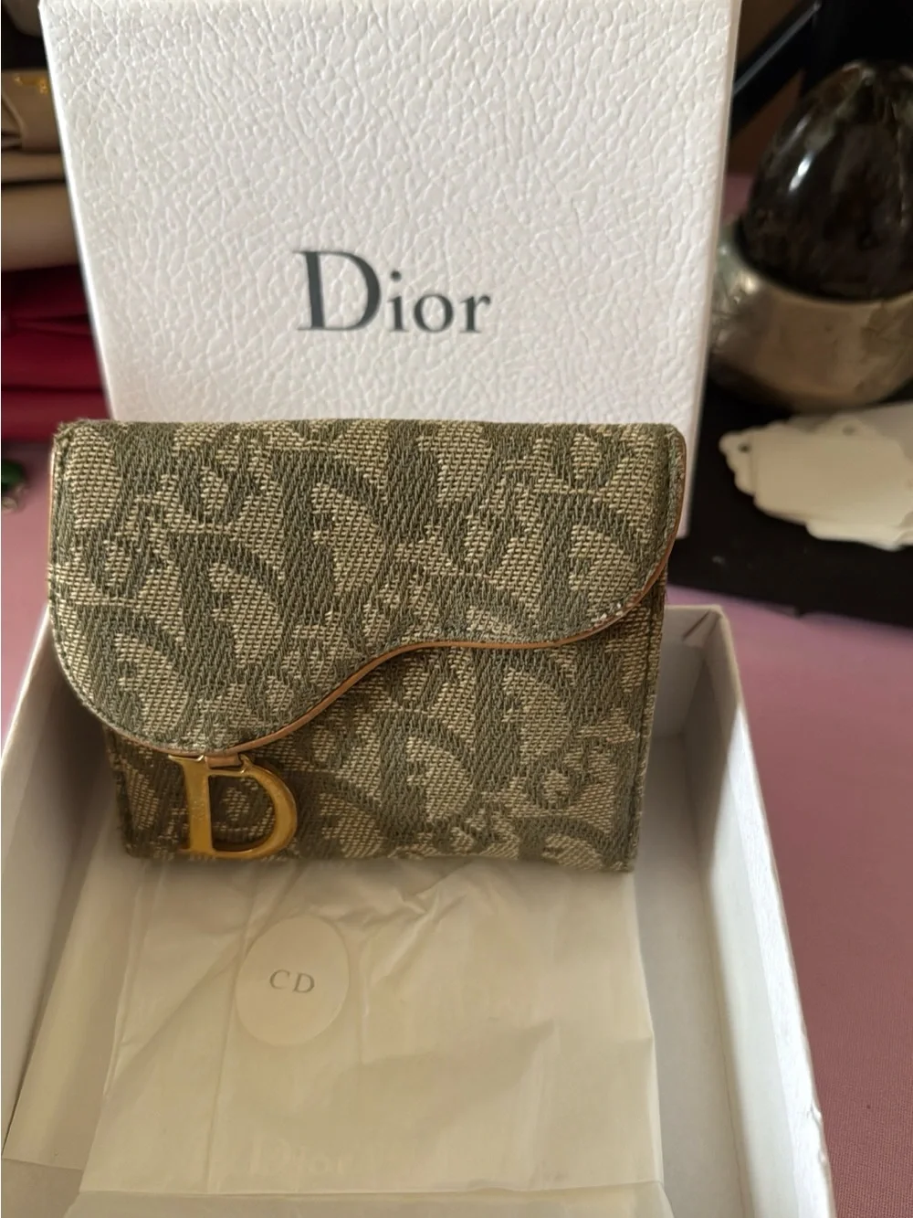 Dior Oblique Canvas Mini Wallet in Olive Green with Gold 'D' Charm